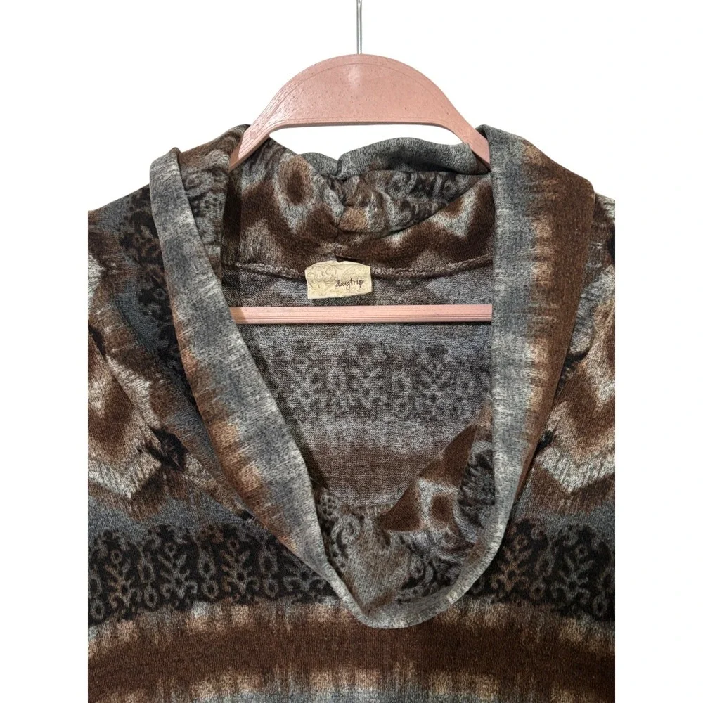 Daytrip Brown Boho Aztec Print Cowl Neck Long Sleeve Top Womens Sz L USA Stretch - Picture 3 of 6